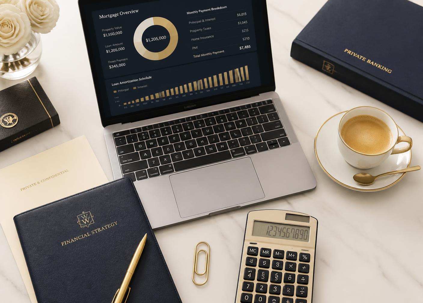 Szakértői asztal laptopkal és kalkulátorral